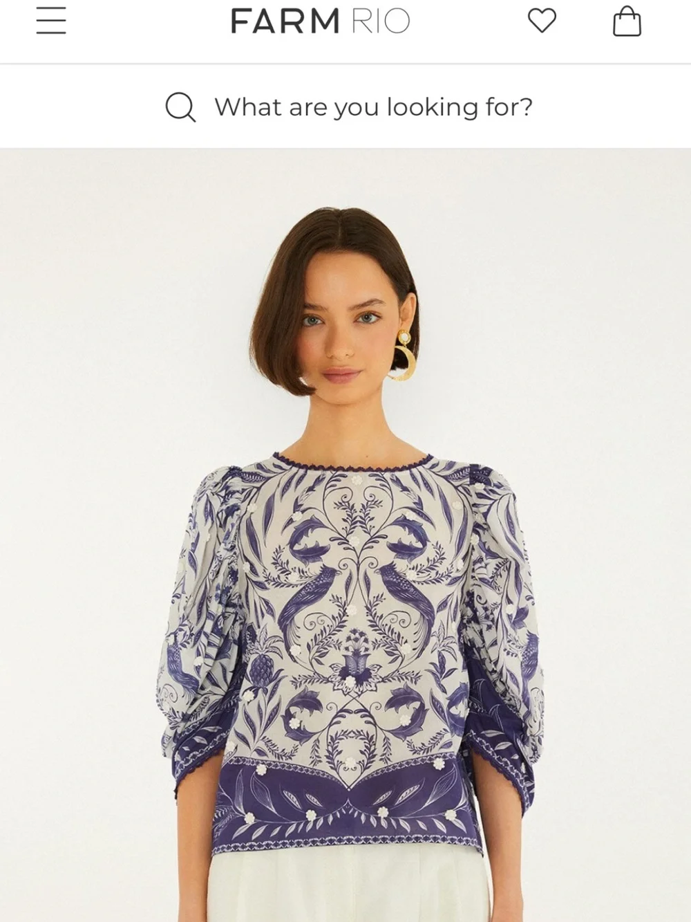 FARM Rio Blue and White Botanical Puff-Sleeve Top